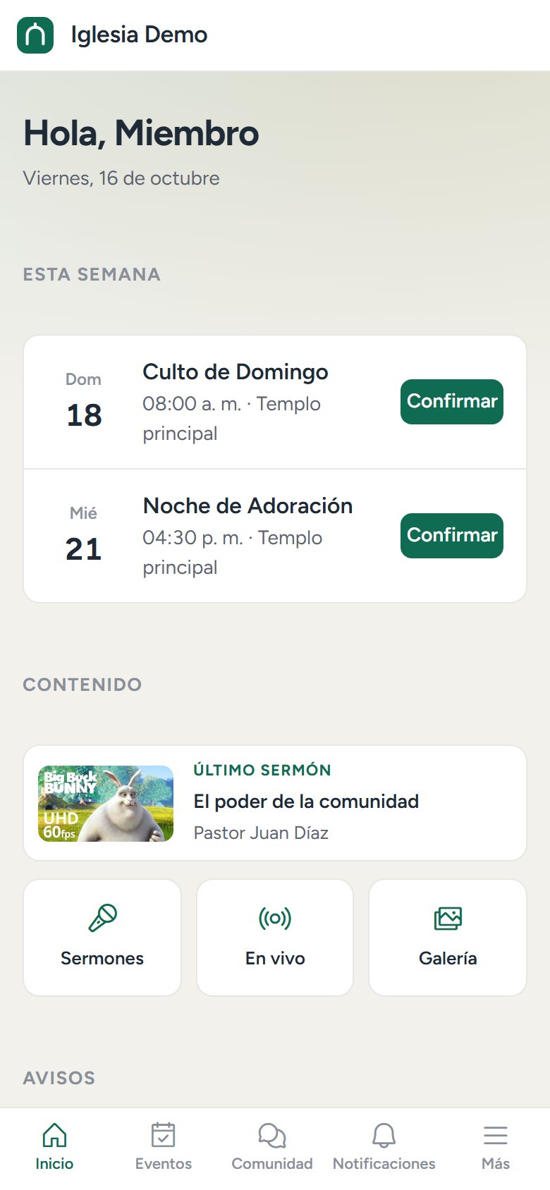 Inicio en la app de miembros